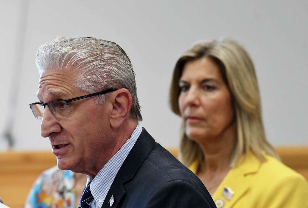 Republican state Sens. Jim Tedisco and Daphne Jordan, pictured here in June 21, became embroiled in a political infight recently when Tedisco opted to run against Jordan in her home district in the upcoming primary. Jordan on Tuesday announced she's dropping out of the race and accused Tedisco of creating a political "sideshow." (Will Waldron/Times Union)