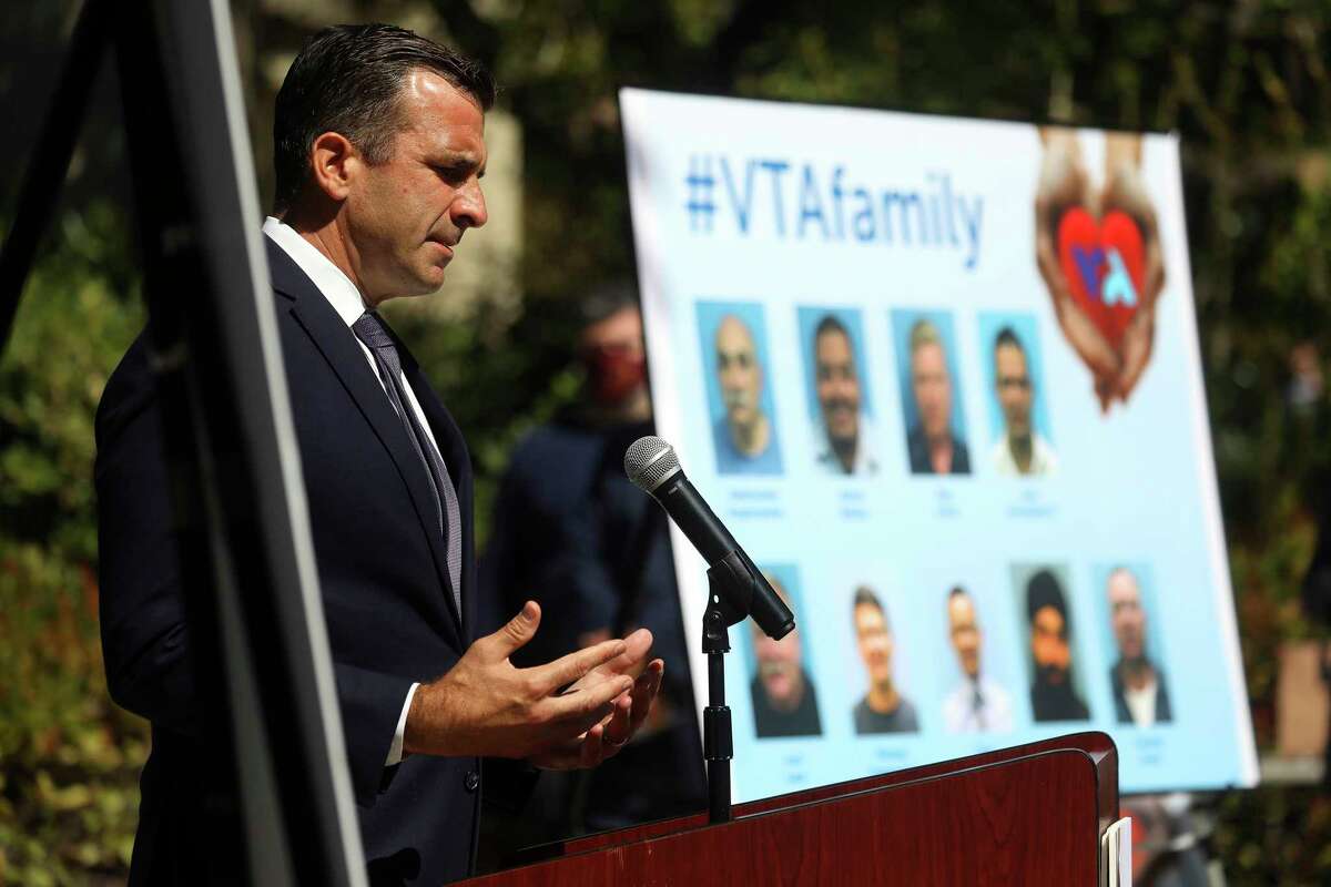San Jose Mayor Sam Liccardo speaks during a news conference honoring nine people killed by a co-worker in San Jose, Calif., on May 27, 2021.