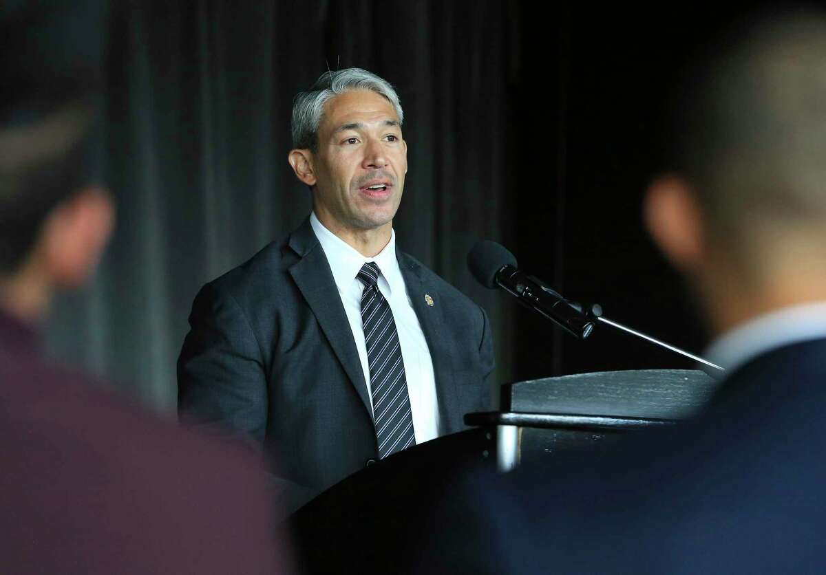 Mayor Ron Nirenberg speaks as city and county officials make a push for people to get vaccinated at a press conference at the AT&T Center on Wednesday, June 30, 2021. 