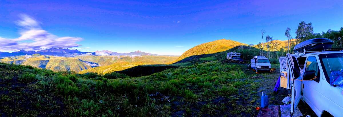 Alex Toombs and boyfriend Sam left their Bridgeport, Conn. life behind to move to Victoria Island, British Columbia and travel in a van to do so. Pictured is their renovated van in Telluride, Colo.