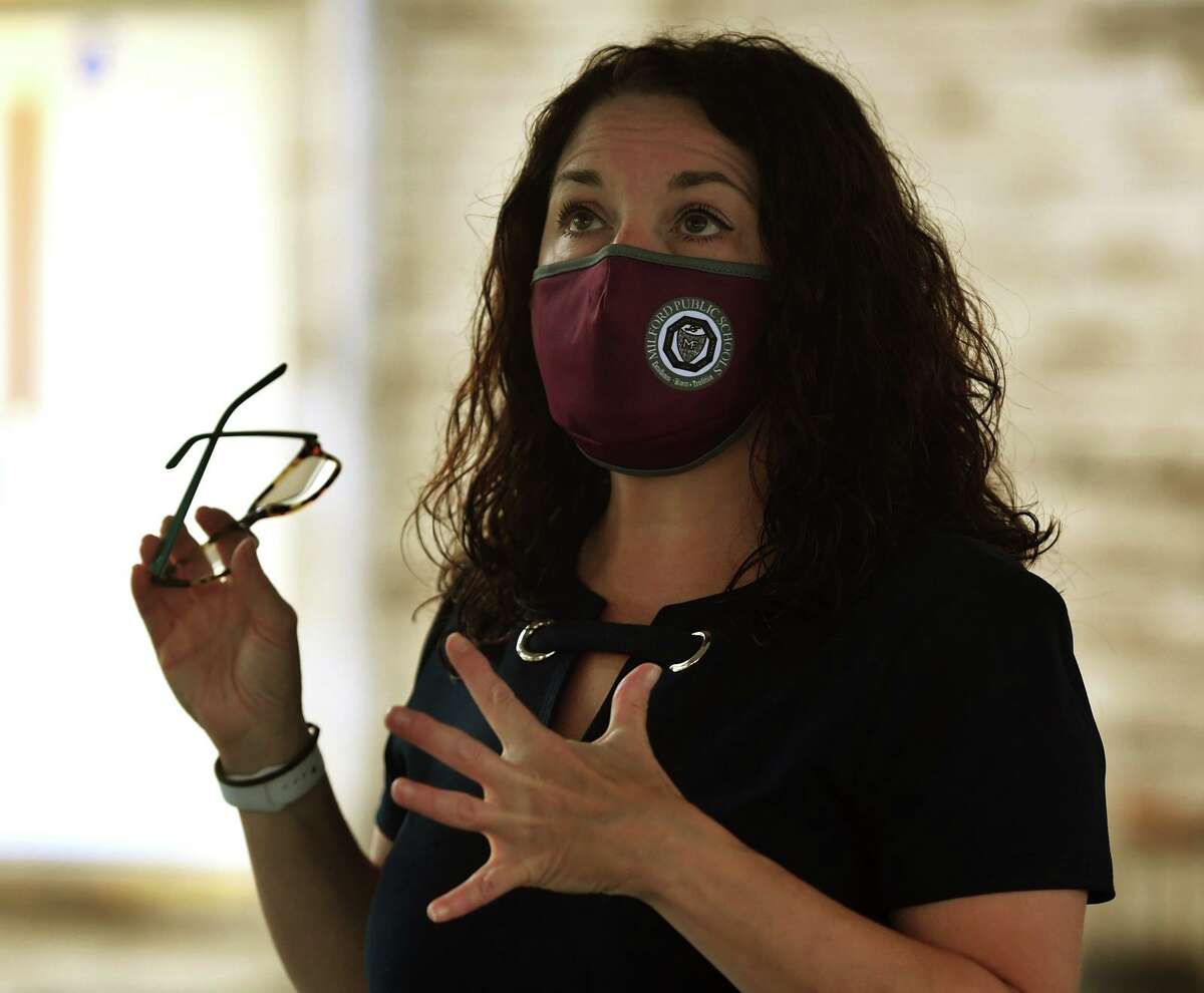 Superintendent of Schools Anna Cutaia discusses the Milford schools opening at Pumpkin Delight Elementary School in Milford, Conn. on Thursday, September 10, 2020.