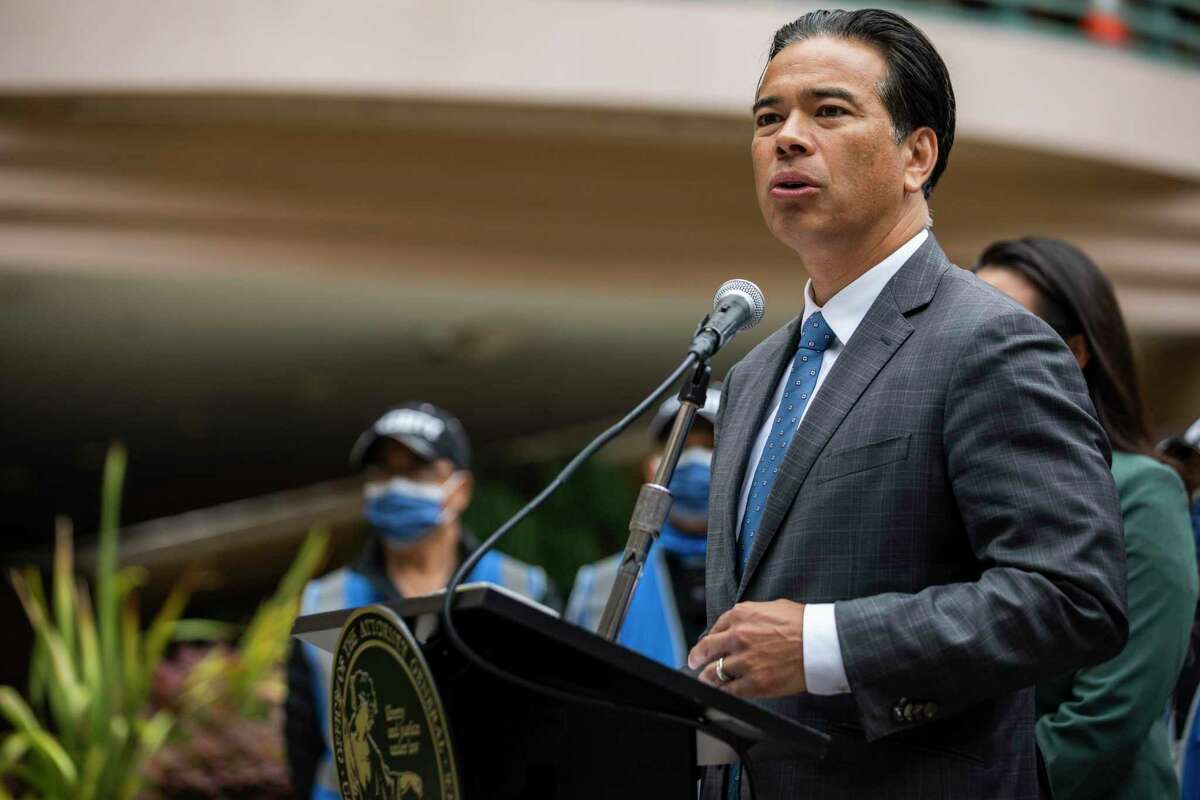 California Attorney General Rob Bonta, in an appearance in Oakland’s Chinatown, discusses a report documenting that 1,330 hate crime events were reported to police in the state in 2020.