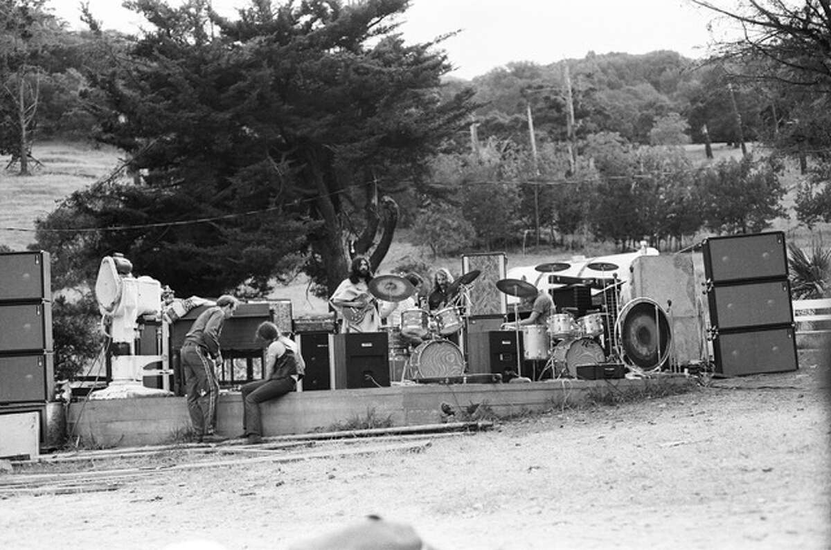 A band plays on the cement slab in Olompali during the residency of the chosen family.