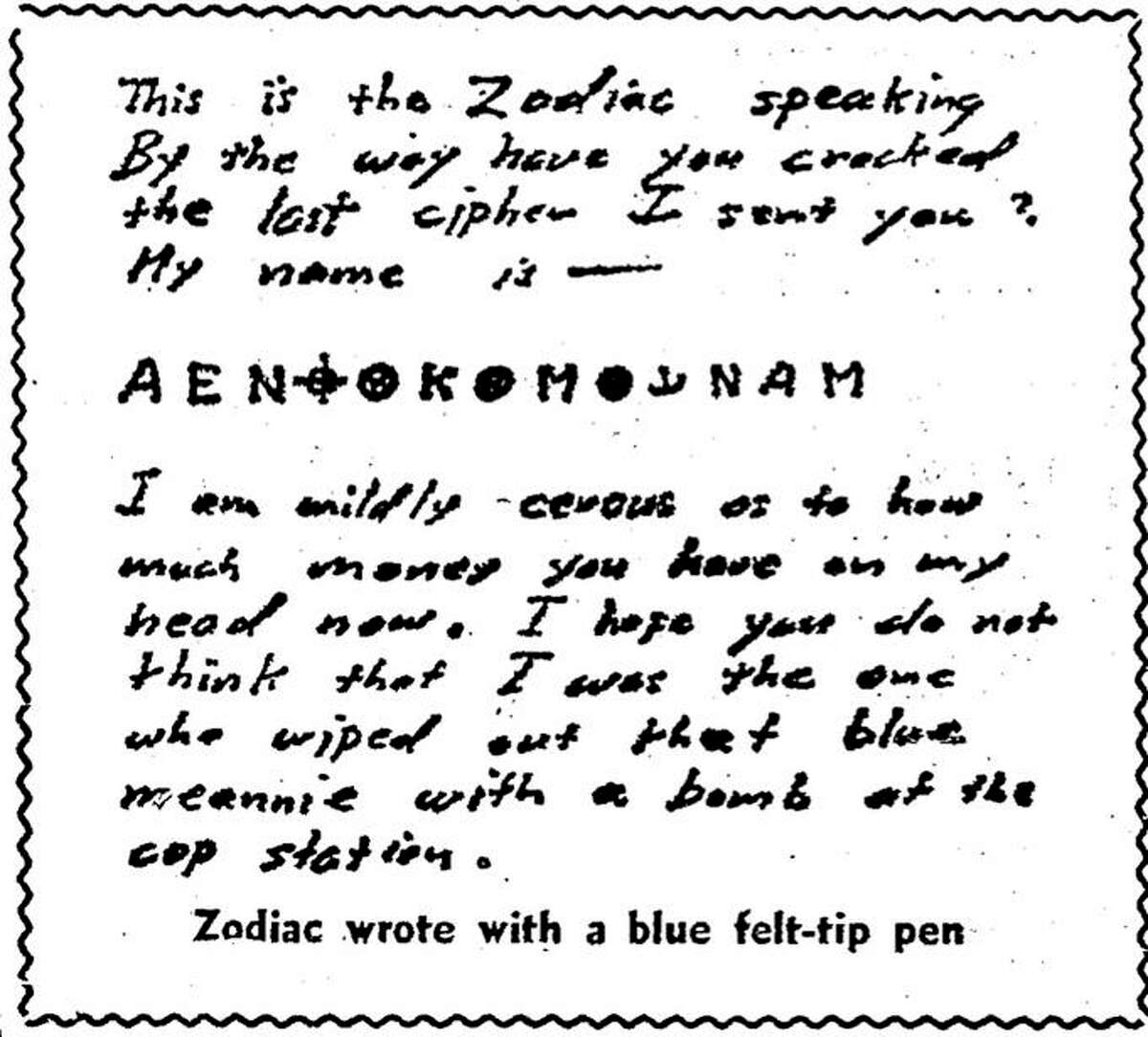 A letter published by The Chronicle on April 22, 1970, includes a cypher that the Zodiac hints will give away his identity.