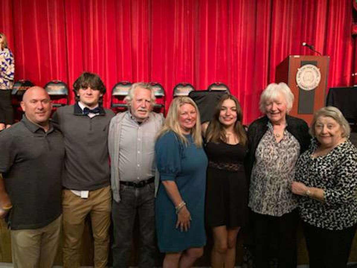 The Barmmer Family, along with Carlin Kestenbaum, (third from right), Inge Weber, president of Shelton Art League (second from right) and Marilyn Mitchel, scholarship chairwoman (far right). Kestenbaum will be studying art at Housatonic Community College.