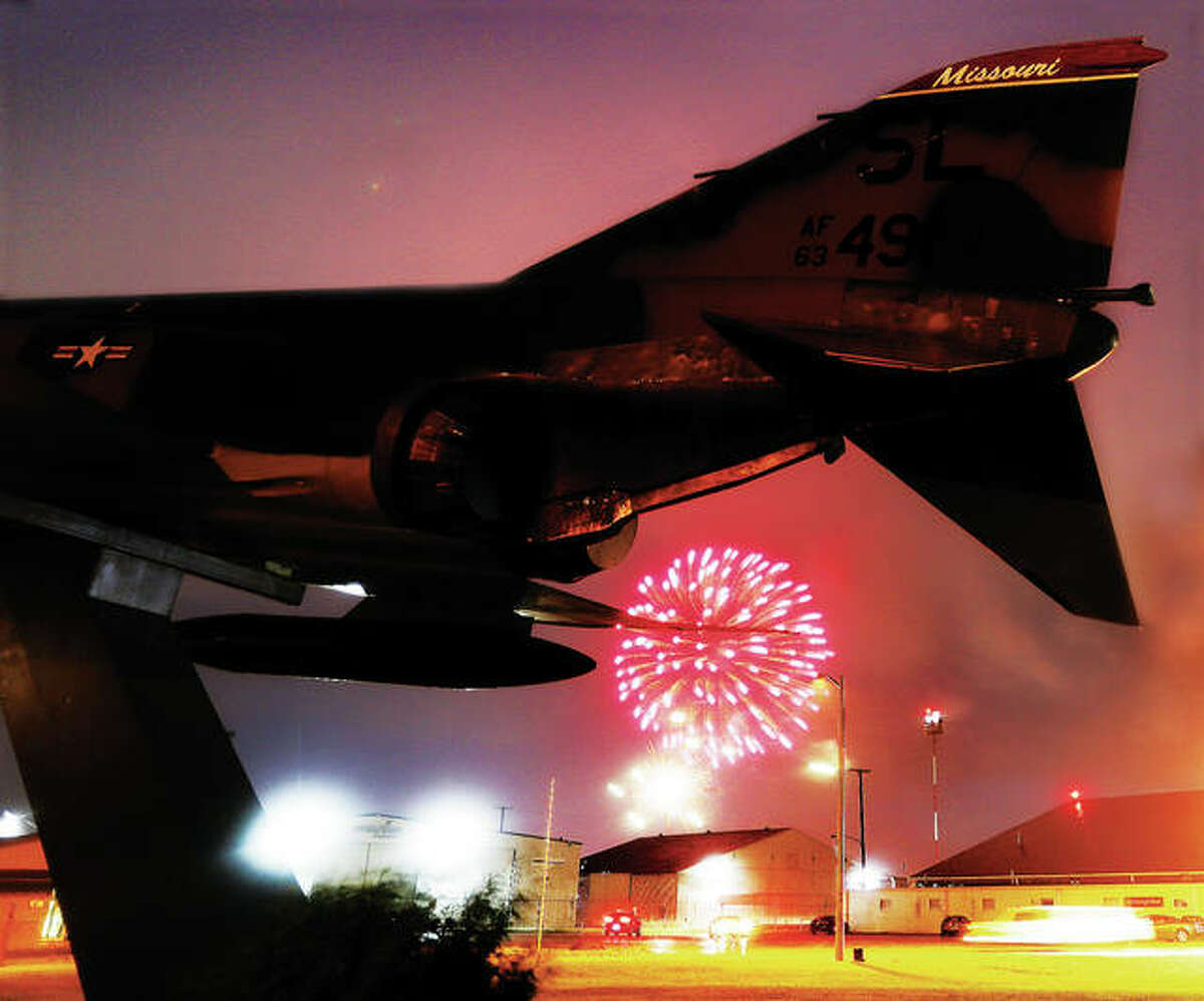 The annual Bethalto fireworks display went off early and in the pouring rain Sunday night behind the static F4 Phantom jet display at St. Louis Regional Airport.