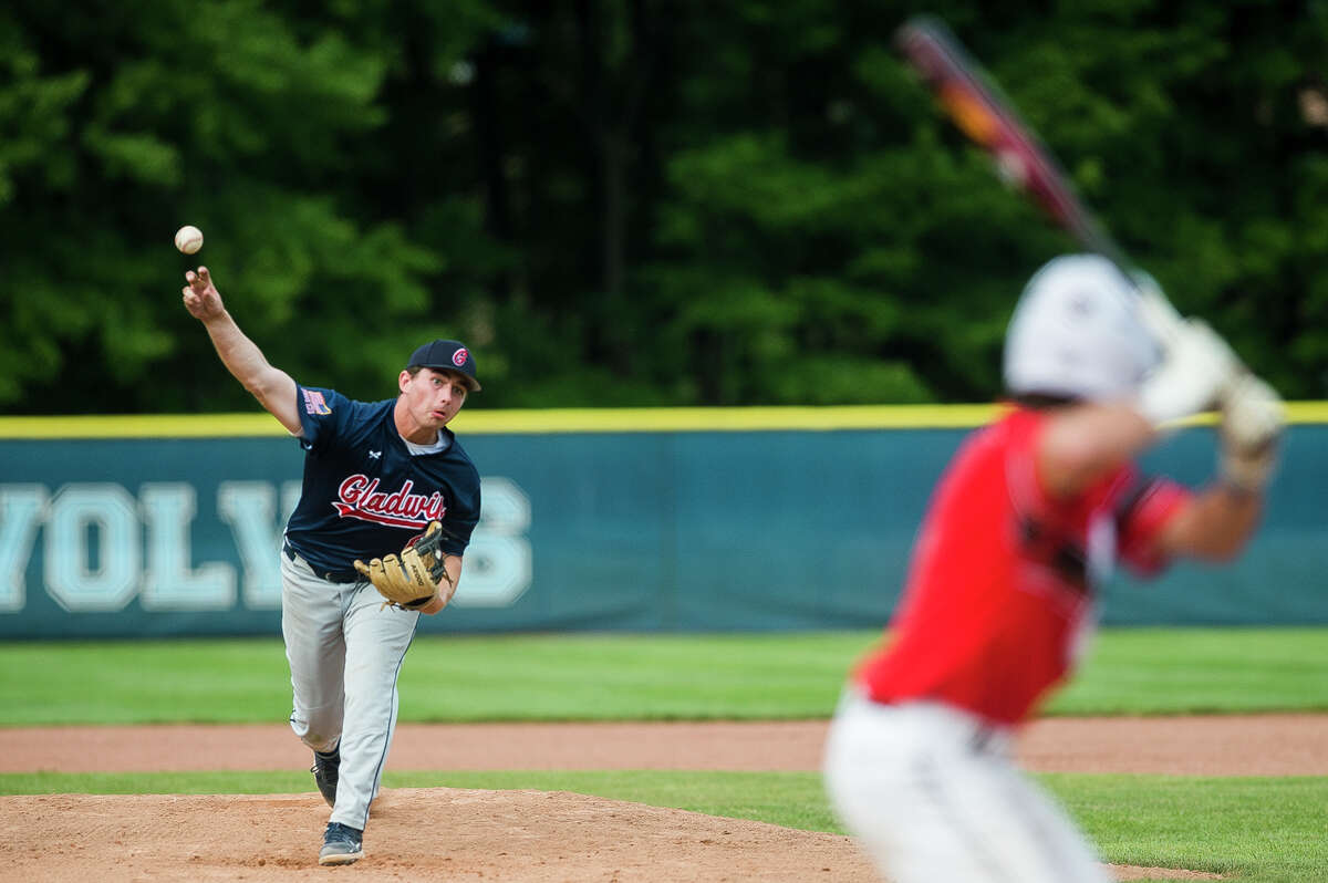 Gladwin's Owen Franklin throws out a pitch during a game against the Detroit Warriors in the Gabby Mills July Fourth Invitational Friday, July 2, 2021 at Northwood University. (Katy Kildee/kkildee@mdn.net)
