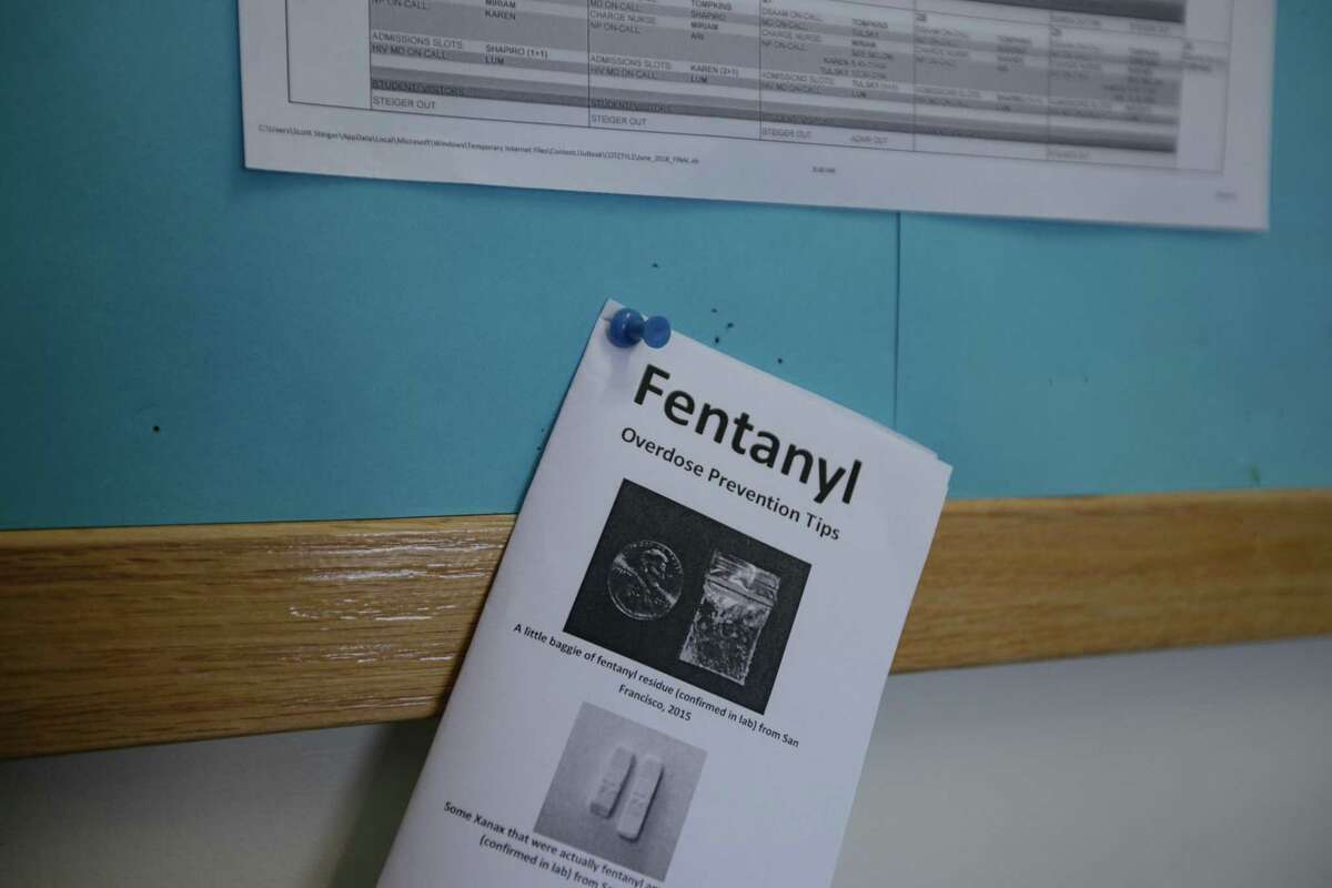 A brochure for the prevention of fentanyl overdose hangs in an office of the Ward 93 methadone clinic at SF General in San Francisco. The stigma associated with methadone use is a challenge for the hospital and the patients in treatment associated with it yet provides a critical means of addressing the growing opioid crisis.