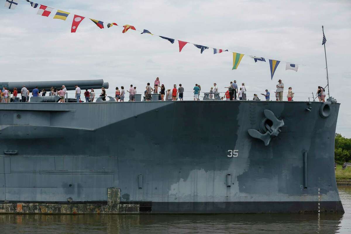 Long-lines of visitors wait to see different parts of the Battleship Texas Saturday, July 3, 2021, in La Porte.