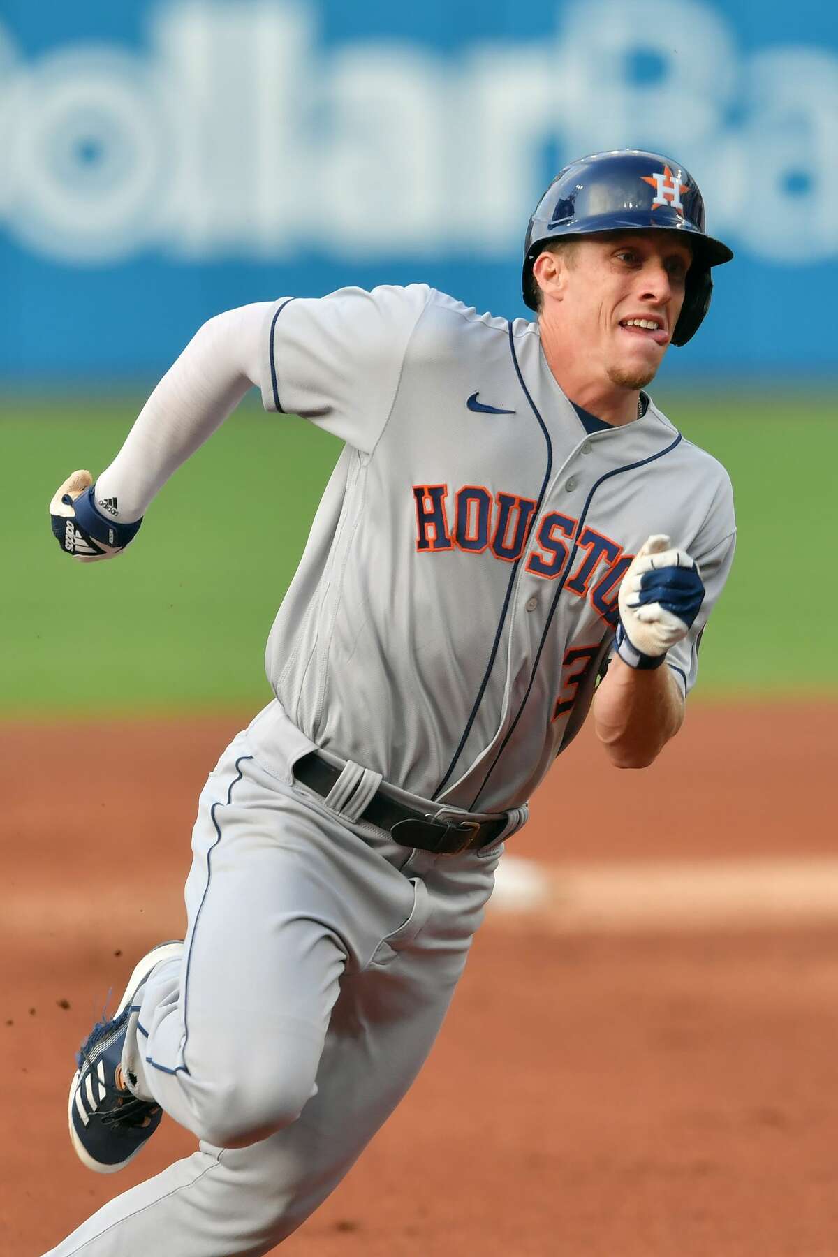 CLEVELAND, OHIO - JULY 03: Myles Straw #3 of the Houston Astros runs to third on a hit by Yuli Gurriel #10 during the first inning against the Cleveland Indians at Progressive Field on July 03, 2021 in Cleveland, Ohio. (Photo by Jason Miller/Getty Images)