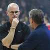 Connecticut men's head coach Dan Hurley, left, talks with women's head coach Geno Auriemma during UConn's men's and women's basketball teams annual First Night celebration in Storrs, Conn, Conn., Friday, Oct. 18, 2019, in Storrs, Conn.