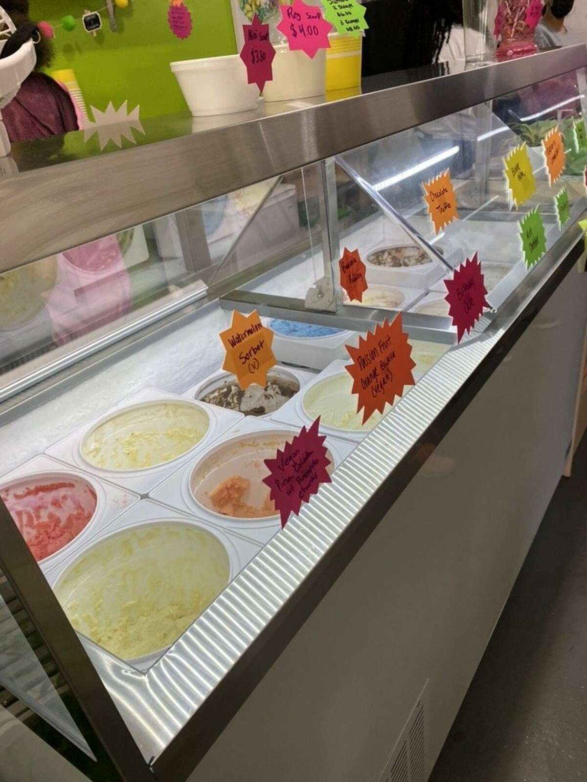 Ice cream flavors on display at Creamy Cone Cafe.