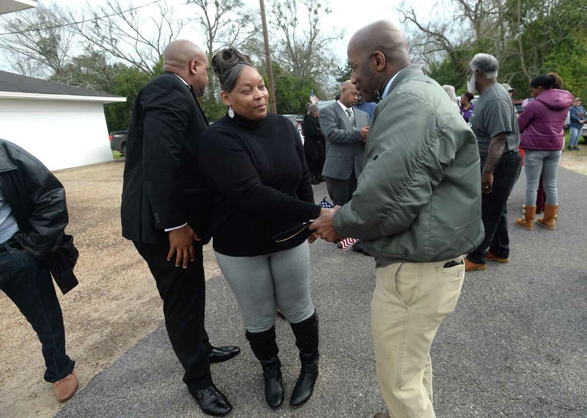 Texas State Rep. James White offers condolences to mother Marcia McMcCray Bronson as she and family make their way into Coleman Family Mortuary after arriving in the Patriot Guard-led procession carrying Jasper native Jacoby McFarland to Woodville Monday. McFarland was a U.S. Army Specialist based in Hawaii when he passed. In his nearly 7 years of service, he had overseas tours in Afghanistan and Korea. Photo taken Monday, Jan. 13, 2020 Kim Brent/The Enterprise