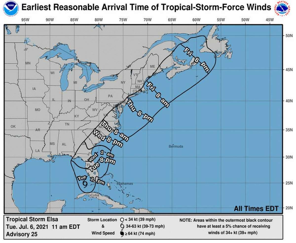 Tropical Storm Elsa, near Florida on Tuesday, could hit Connecticut by Thursday, but it is not expected to bring very intense weather.