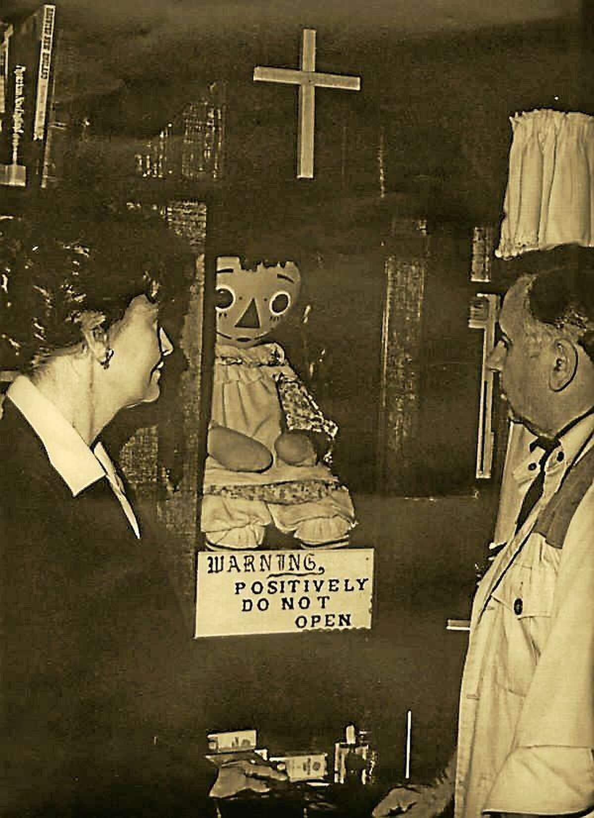 The Annabelle doll on display at Warren’s Occult Museum.