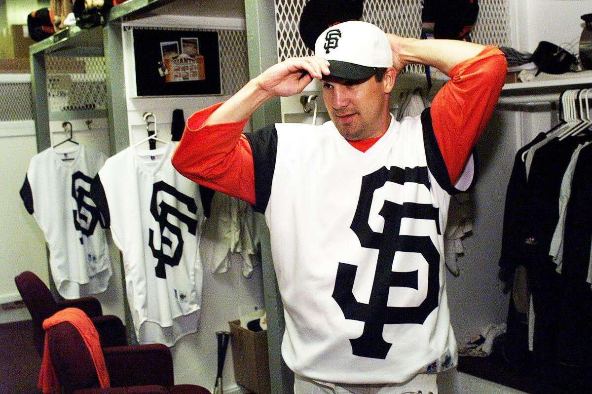 Relief pitcher Chris Brock poses in a San Francisco Giants “Turn Ahead the Clock” uniform in 1999.