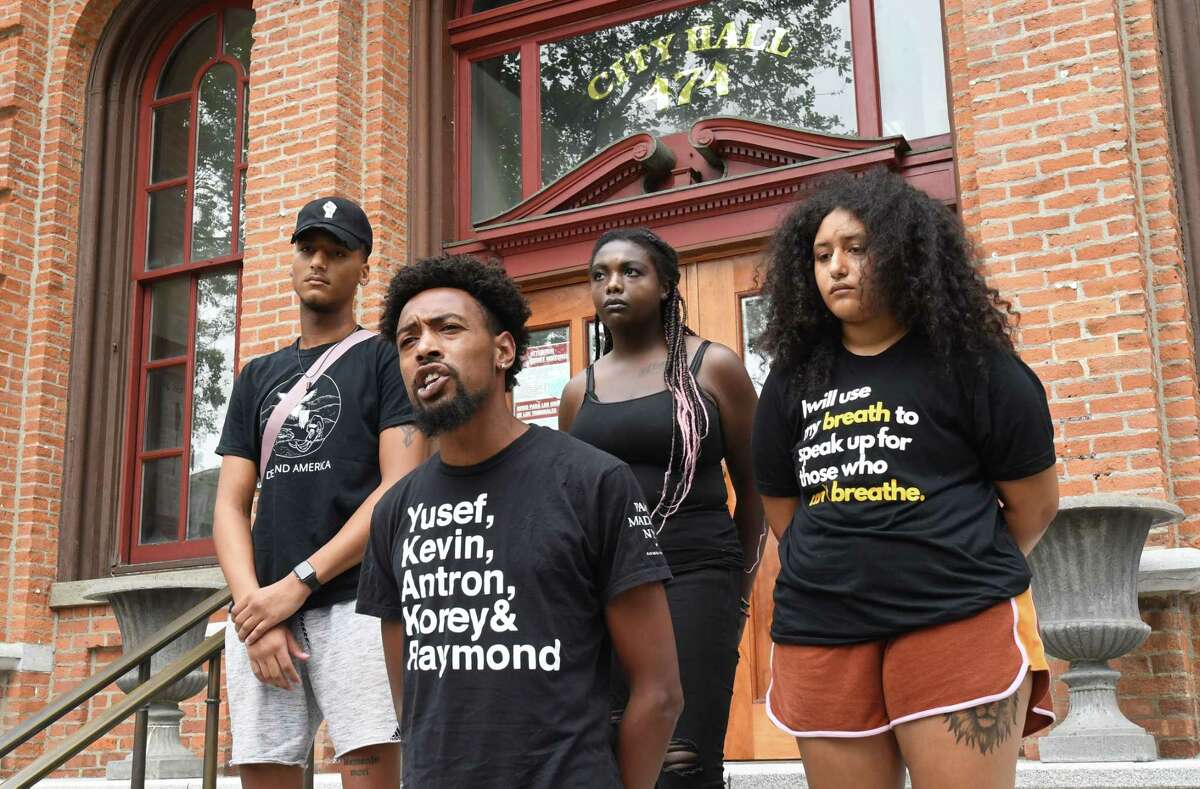 Activist Lexis Figuereo speaks as supporters of the Black Lives Matter movement hold a press conference outside city hall to talk about Saratoga Springs police blaming them for an uptick in violence in the city on Tuesday, July 6, 2021 in Saratoga Springs, N.Y. (Lori Van Buren/Times Union)