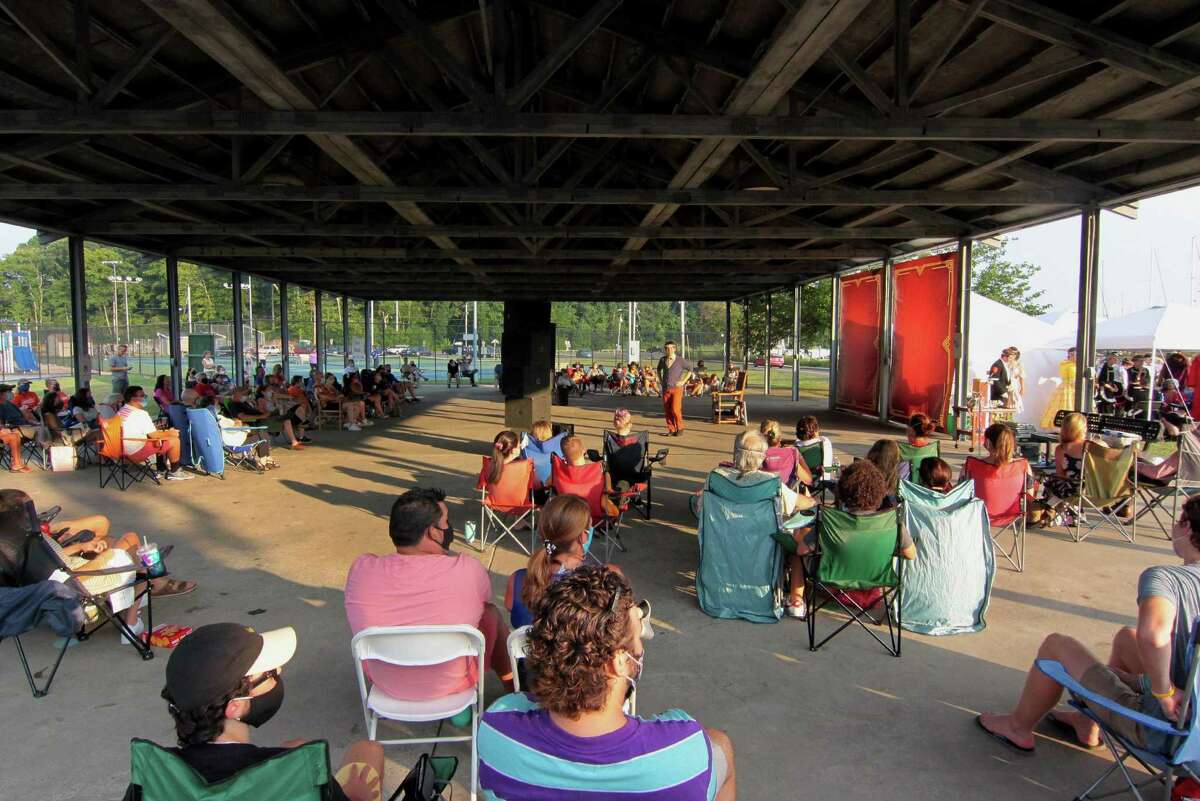 The Pantochino Teen Theatre performs the musical The Drowsy Chaperone at the Fowler Field, Rotary Pavilion in Milford, Conn., on Wednesday Aug. 12, 2020. The summer movie series will be held at the pavilion this summer, beginning on Wednesday.