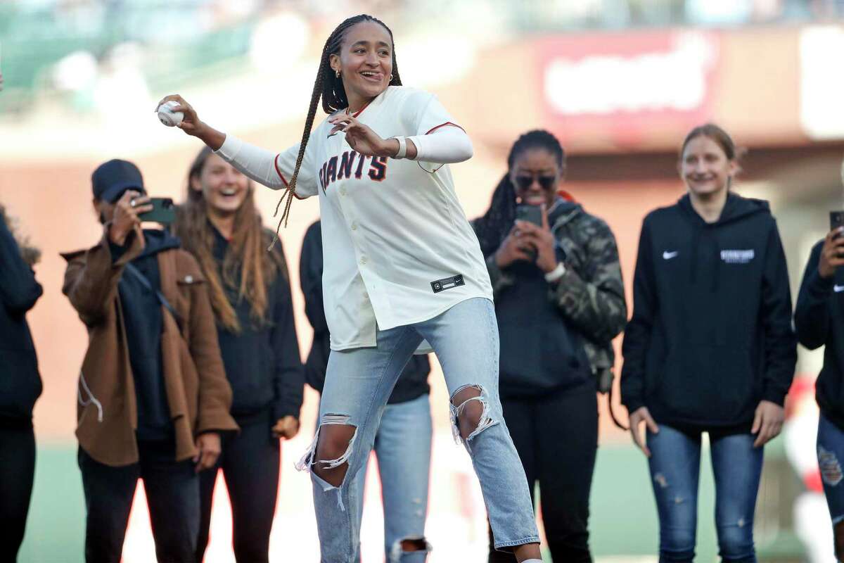 Haley Jones throws out ceremonial first pitch before the Giants play Cardinals on July 6.