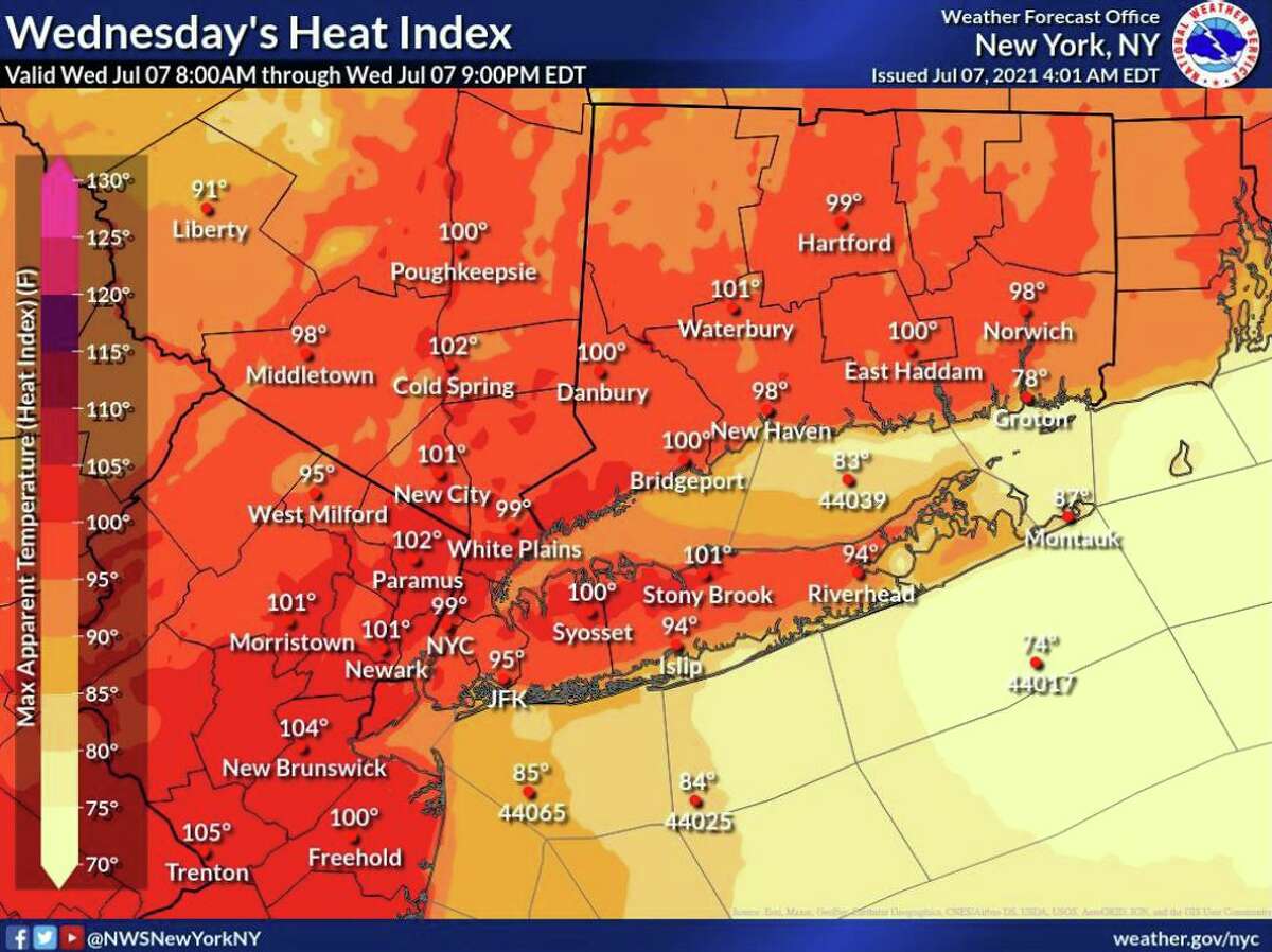 A map showing the heat index values expected in the region on Wednesday, July 7, 2021.