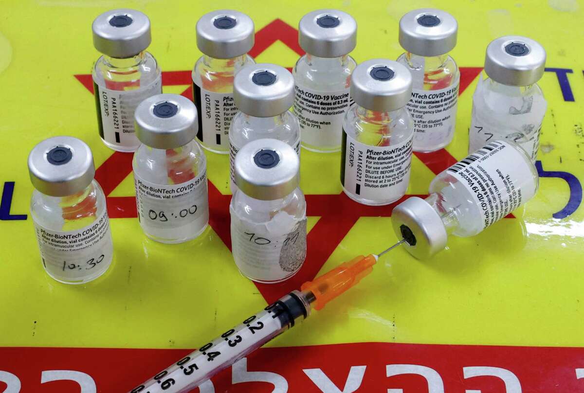 Vials of the Pfizer/BioNTech Covid-19 vaccine are pictured at a Magen David Adom mobile vaccination centre in Tel Aviv on July 5.