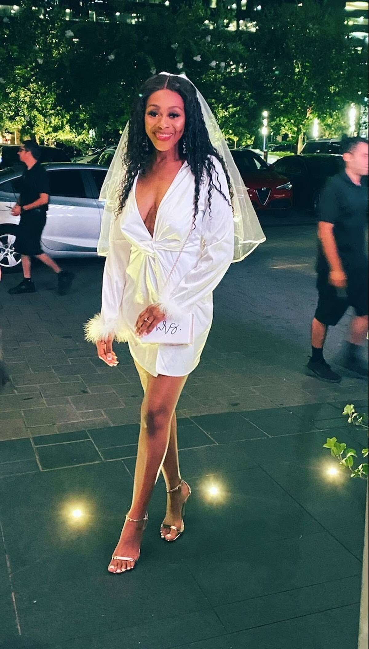 Future bride Karlissea Hives, 31, is pictured in Houston on Friday evening, July 2nd, the day before Airbnb was robbed by her and her friends.  She was having dinner with her friends on the last girls outing before she said she 