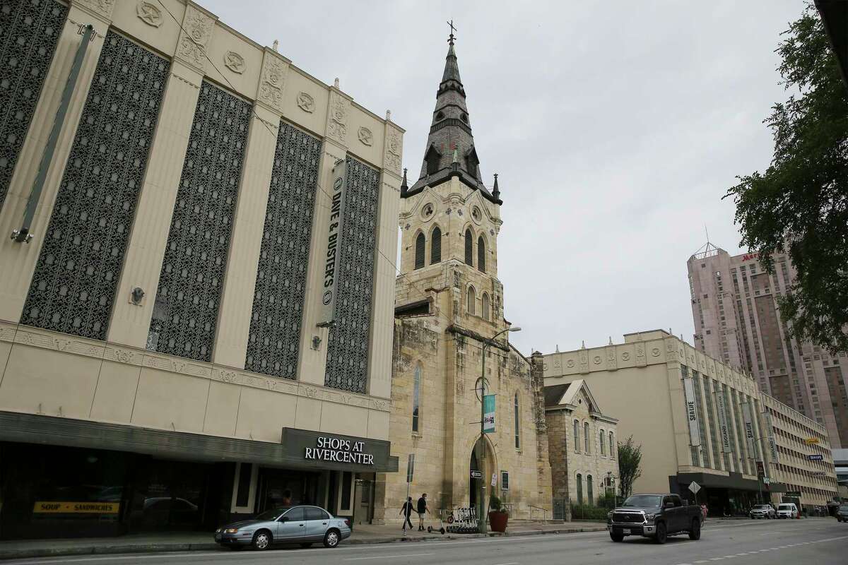 A modern-day view of St. Joseph Catholic Church. Before it was surrounded by the bygone Joske's department store and later Rivercenter Mall, now known as the Shops at Rivercenter.