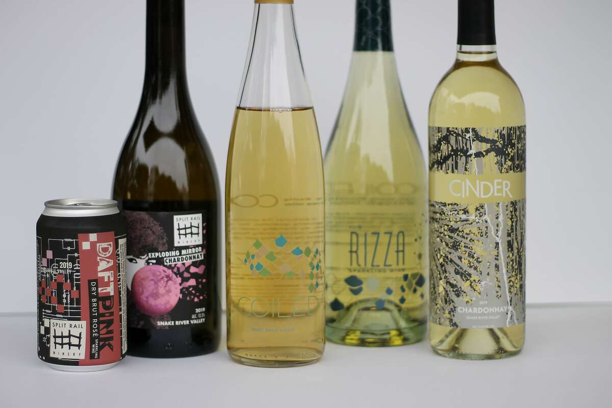 Some of the Idaho wines I brought back with me from my recent road trip, from left: Daft Pink sparkling wine from Split Rail Winery, Exploding Mirror Chardonnay from Split Rail Winery, Dry Riesling from Coiled Wines, Rizza sparkling wine from Coiled Wines and Chardonnay from Cinder Wines.