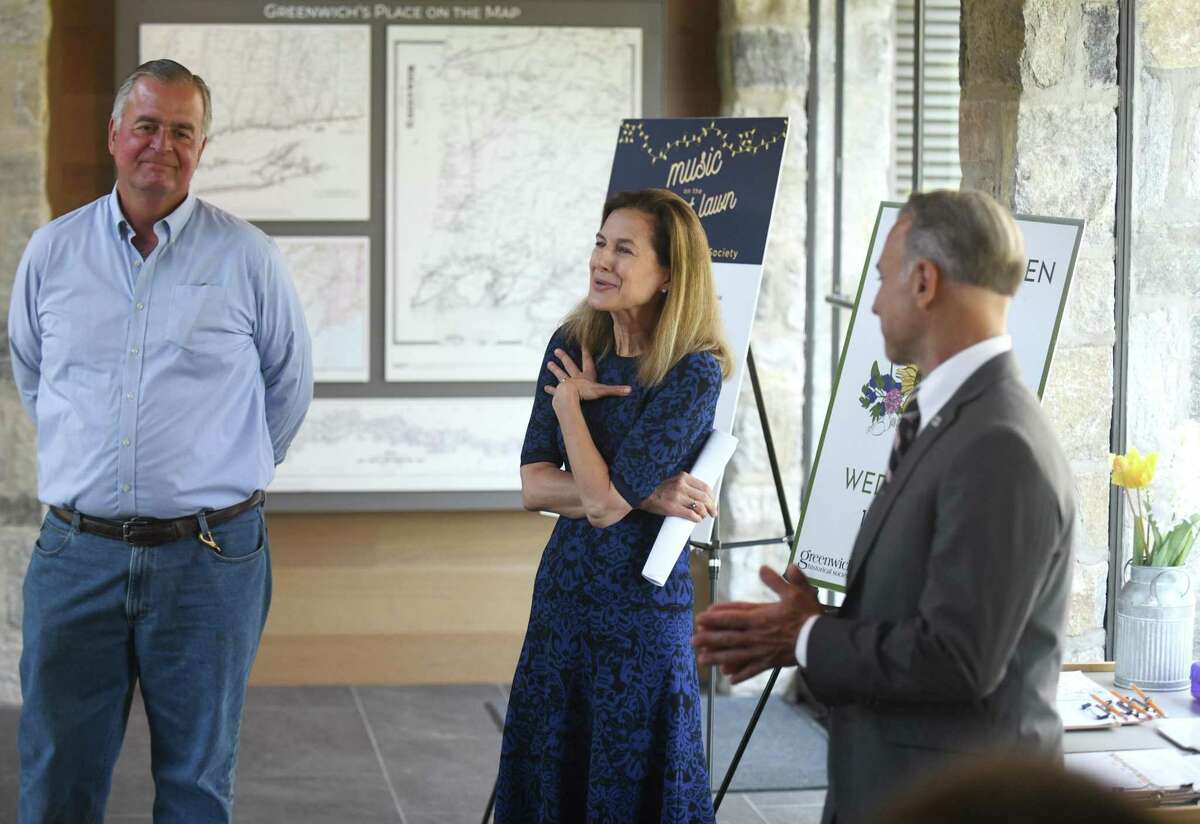 State Rep. Steve Meskers, D-Greenwich, left, Connecticut Lt. Gov. Susan Bysiewicz, center, and First Selectman Fred Camillo promote the state's Summer at the Museum program at the Greenwich Historical Society in the Cos Cob section of Greenwich, Conn. Wednesday, July 7, 2021. The initiative enables Connecticut children 18 and under, plus one accompanying adult, to receive free admission at museums throughout the state this summer. Greenwich Historical Society and more than 90 other participating Connecticut museums were awarded a substantial grant from the state and federal COVID relief funds as part of the Gov. Lamont's plan to provide children and families with engaging summer enrichment and learning experiences in the wake of the COVID-19 pandemic.