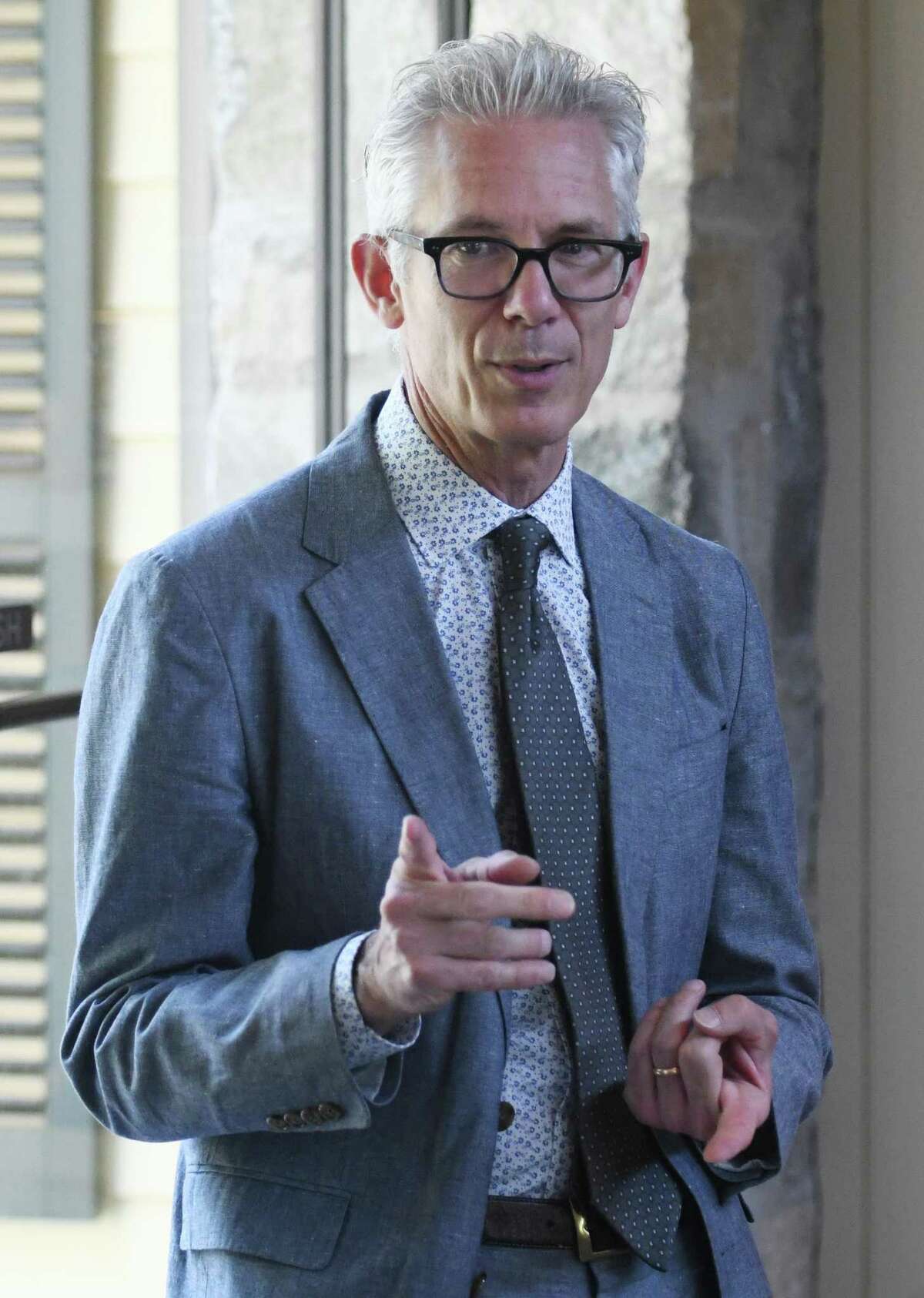 Bruce Museum Executive Director Robert Wolterstorff promotes the state's Summer at the Museum program at the Greenwich Historical Society in the Cos Cob section of Greenwich, Conn. Wednesday, July 7, 2021. The initiative enables Connecticut children 18 and under, plus one accompanying adult, to receive free admission at museums throughout the state this summer. Greenwich Historical Society and more than 90 other participating Connecticut museums were awarded a substantial grant from the state and federal COVID relief funds as part of the Gov. Lamont's plan to provide children and families with engaging summer enrichment and learning experiences in the wake of the COVID-19 pandemic.
