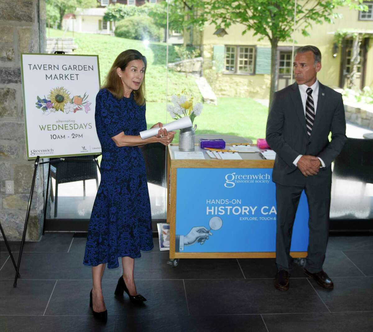 State Rep. Steve Meskers, D-Greenwich, left, Connecticut Lt. Gov. Susan Bysiewicz, center, and First Selectman Fred Camillo promote the state's Summer at the Museum program at the Greenwich Historical Society in the Cos Cob section of Greenwich, Conn. Wednesday, July 7, 2021. The initiative enables Connecticut children 18 and under, plus one accompanying adult, to receive free admission at museums throughout the state this summer. Greenwich Historical Society and more than 90 other participating Connecticut museums were awarded a substantial grant from the state and federal COVID relief funds as part of the Gov. Lamont's plan to provide children and families with engaging summer enrichment and learning experiences in the wake of the COVID-19 pandemic.
