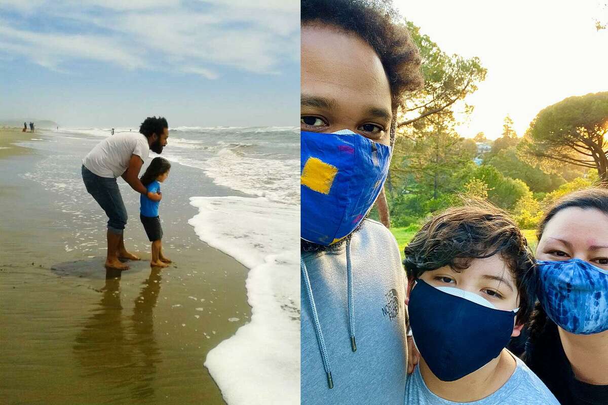 Composite of photos of Gregory Turnage Jr. with his son Miles at the beach, and with his son Miles and partner Angie.