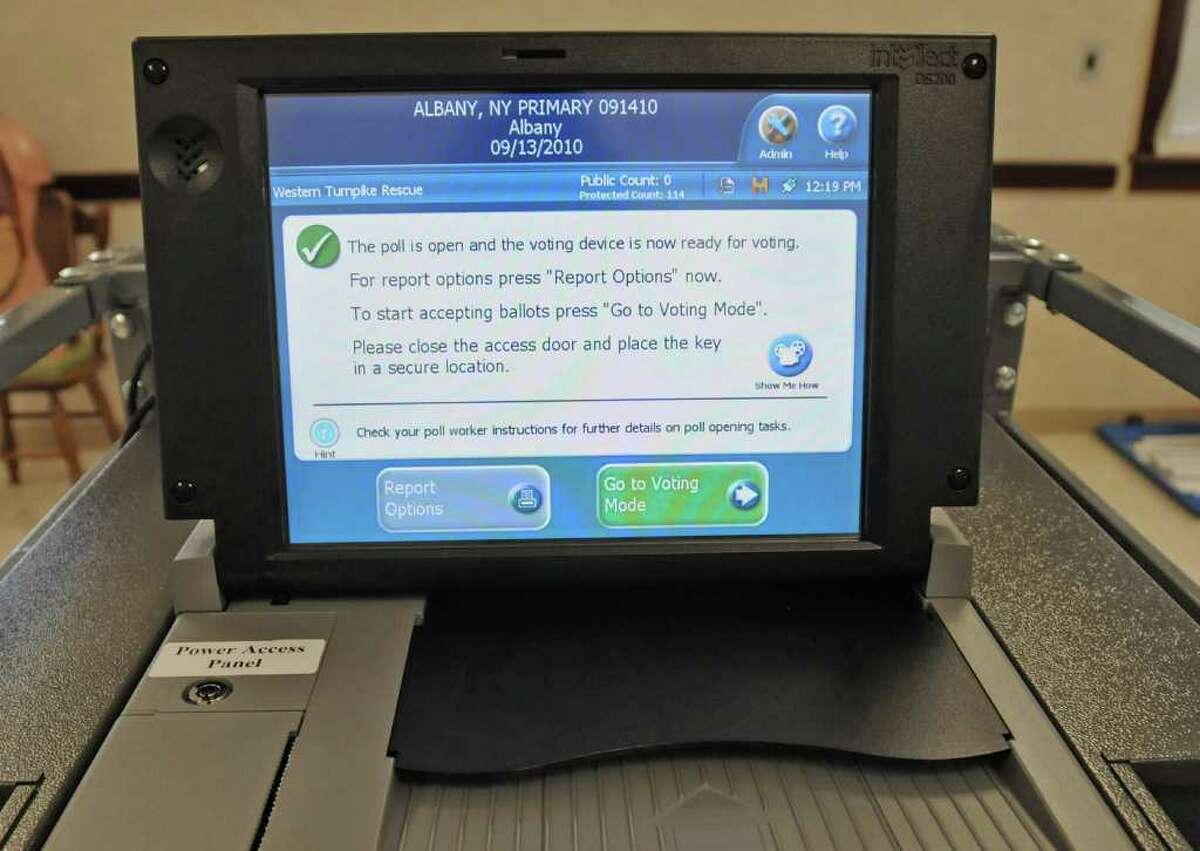 A new voting machine at the Western Turnpike Rescue Squad polling place in Guilderland on September 14, 2010. (Lori Van Buren / Times Union)