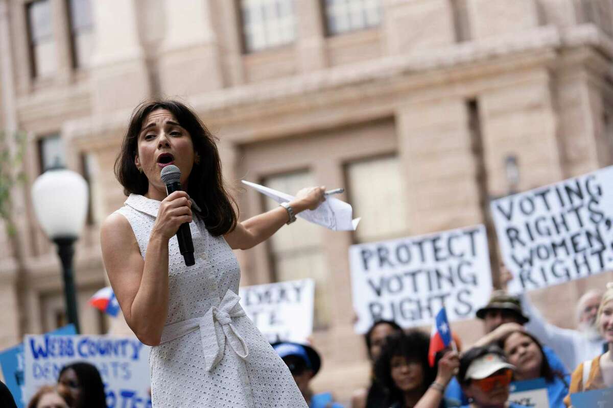 Powered by People, an El Paso-based voter outreach group founded by former Texas Rep. Beto O’Rourke, hosted a rally in support of voting rights at the Texas Capitol in Austin on June 20, 2021. Speaking is Austin state Rep. Gina Hinojosa.