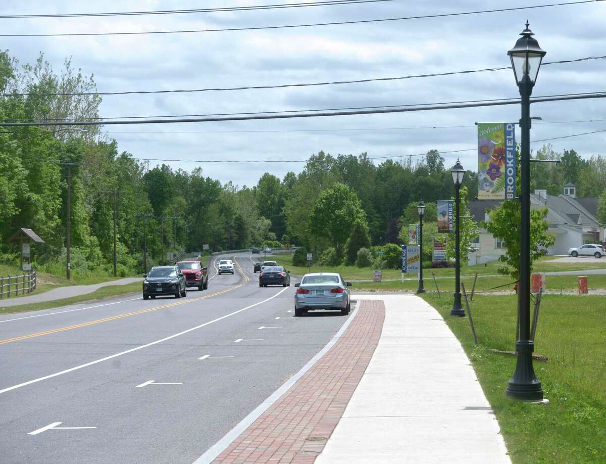 Phase three of the Brookfield four corners project will extend the sidewalk down Federal Road where it will then turn into Old Route 7 and end at Laurel Hill Road. The plan includes sidewalk on both sides of Old Route 7, where no sidewalk currently exists. Monday, May 24, 2021, in Brookfield, Conn.
