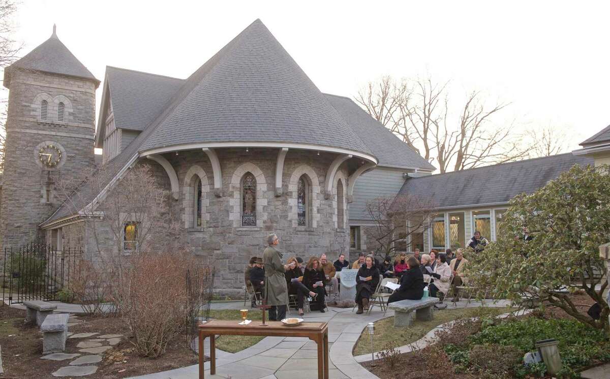 Pictured: Pastor Charles Hambrick-Stowe, Senior Minister of the First Congregational Church of Ridgefield, leads the church’s Easter sunrise service in a previous year. All the church’s ministries have come together to bring back the church’s Bluegrass Coffeehouse event on Sunday, July 11, from 4 to 8 p.m.