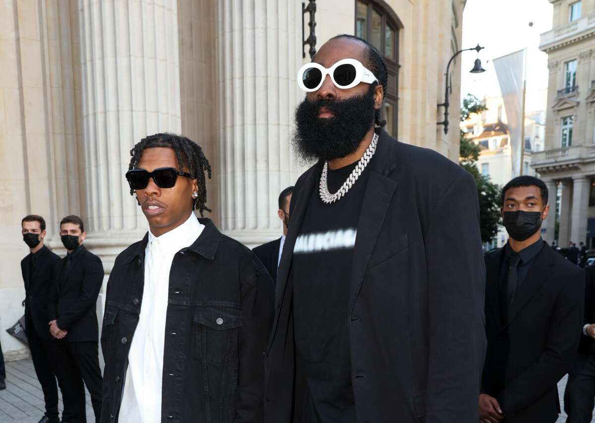 PARIS, FRANCE - JULY 07: Lil Baby and James Harden are seen arriving at a Balenciaga dinner at the Bourse De Commerce Pinault Collection on July 07, 2021 in Paris, France. (Photo by Pierre Suu/GC Images)