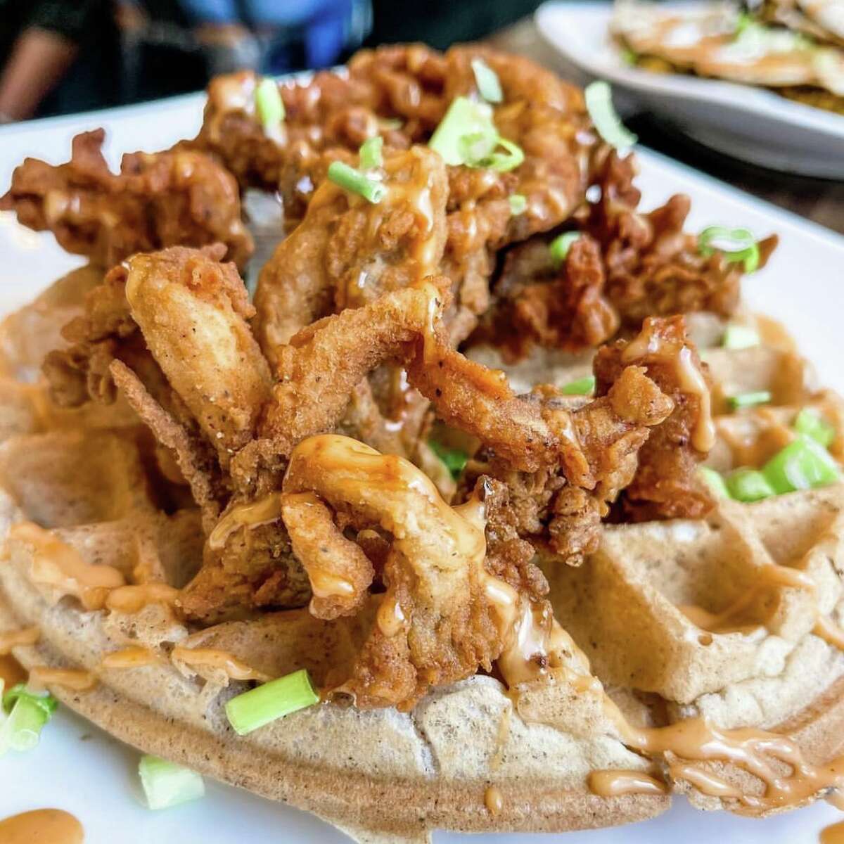 Vegan chicken and waffles at Mo' Better Brews.