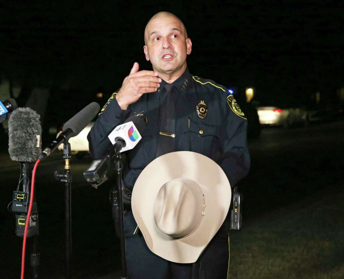 Sheriff Javier Salazar answers questions after having to run out from his Election Night party to tend to an officer-involved shooting on the far west side on Nov. 3, 2020.
