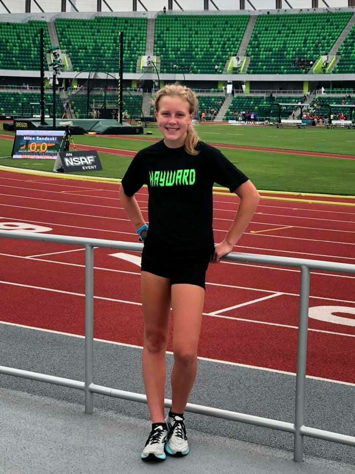 Mylie Kelly poses for a photo while competing at the National Scholastic Athletics Foundation Outdoor Nationals at the famous Hayward Field in Eugene, Ore. on June 30. 