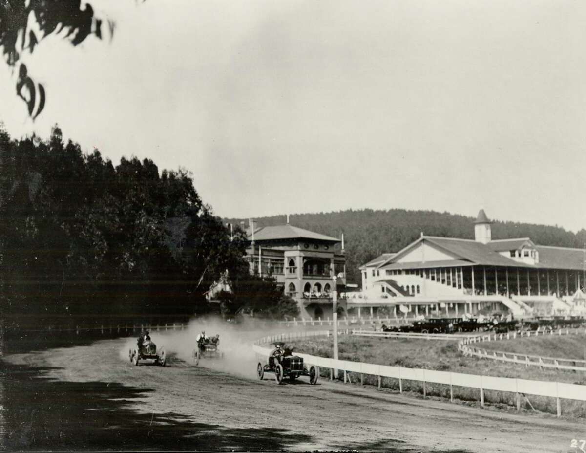 Automobiles race on the Ingleside Racetrack in the early 20th century after horse racing was halted there.