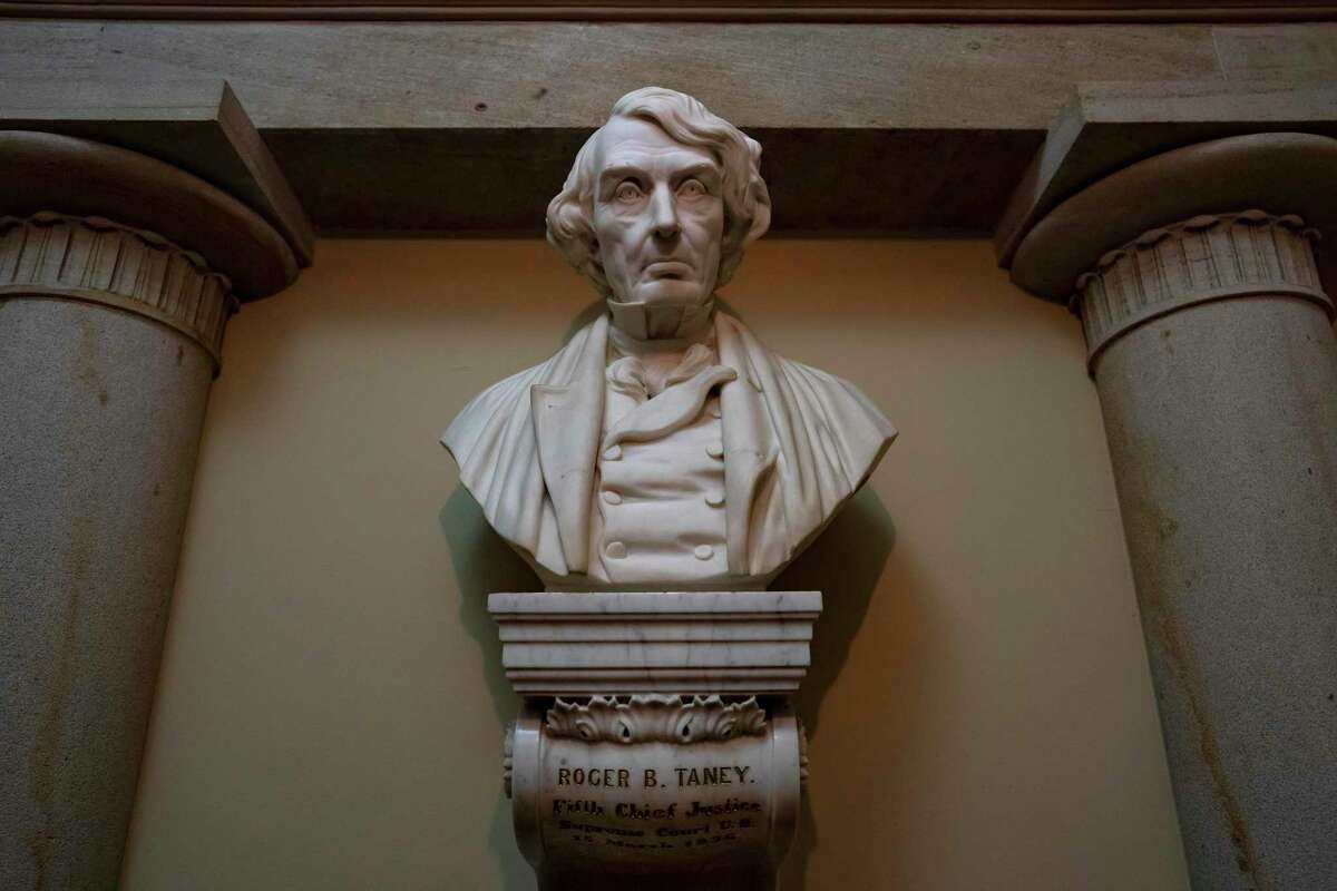 A marble bust of Chief Justice Roger Taney is displayed in the Old Supreme Court Chamber in the U.S. Capitol in Washington. Taney led the Supreme Court in the 1857 ruling against Dred Scott.