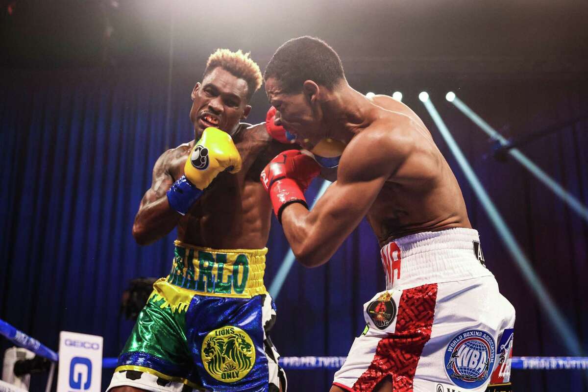 Jermell Charlo lands a punch against Jeison Rosario in a 154-pound unification fight on Saturday, Sept. 27, 2020 at Mohegan Sun Arena in Uncasville, Conn.