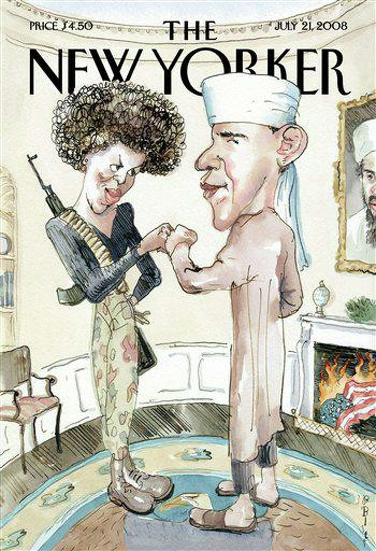 This illustration provided by The New Yorker magazine, the cover of the July 21, 2008 issue by artist Barry Blitt, shows Democratic presidential candidate Barack Obama dressed as a Muslim and his wife as a terrorist. The magazine says the cover is meant to satirize the use of scare tactics and misinformation in the presidential election to derail Obama’s campaign, but Obama's campaign called it "tasteless and offensive." (AP Photo/New Yorker)