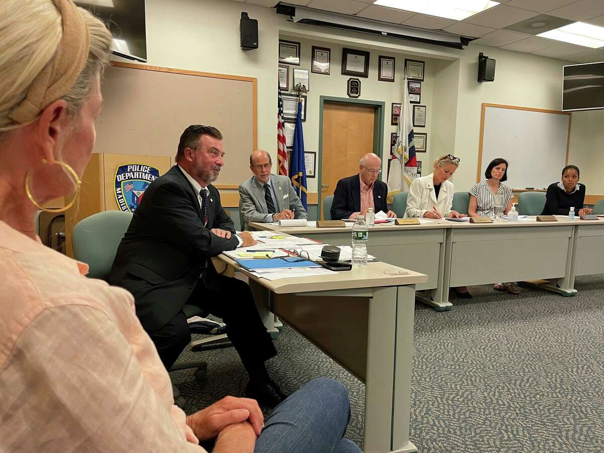 The Madison Police Commission listened to residents’ concerns about local car thefts at its July 8 meeting. Second from left is Madison Police Chief John “Jack” Drumm.