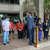 Members of the the Beaumont NAACP chapter, 100 Black Men of Beaumont, the 100 Plus Black Women of Beaumont and other groups met at the Jefferson County Courthouse on Friday to publicly request that administration with the police department and the detention center share information about an alleged incident on June 12 that possibly left a man paralyzed. Photo taken July 9, 2021. Jacob Dick/Beaumont Enterprise