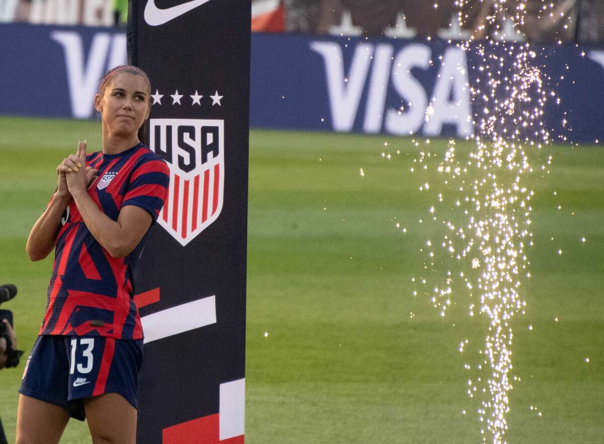 Alex Morgan of the US Women's Soccer National Team during a Send-Off Series celebration at Pratt & Whitney Stadium in East Hartford, Conn. on Monday, July 5, 2021. The U.S. won 4-0 over Mexico. (Joyce Bassett / Special to the Times Union)
