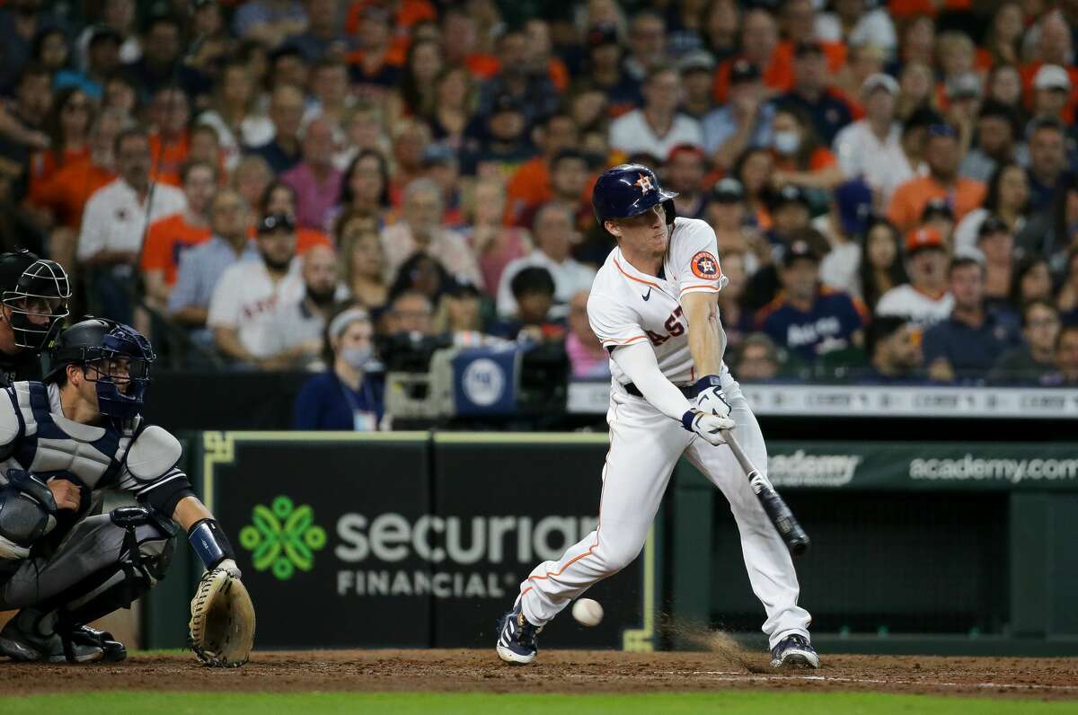 Houston Astros center fielder Myles Straw (3) strikes out swinging against the New York Yankees during the fifth inning of an MLB game at Minute Maid Park on Saturday, July 10, 2021, in Houston.