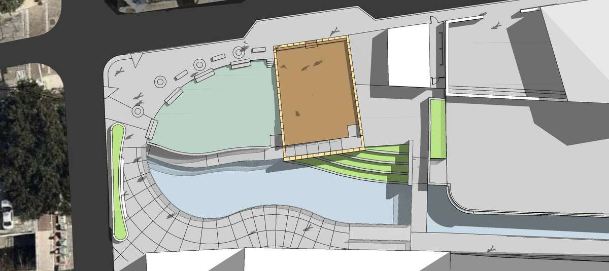 A bird's eye view illustrating the latest design for the archaeological site on San Pedro Creek shows the historic rectangular footprint of St. James African Methodist Episcopal Church as an open space for people to visit and walk around. The site is located on the east bank of the creek, just south of Houston Street.