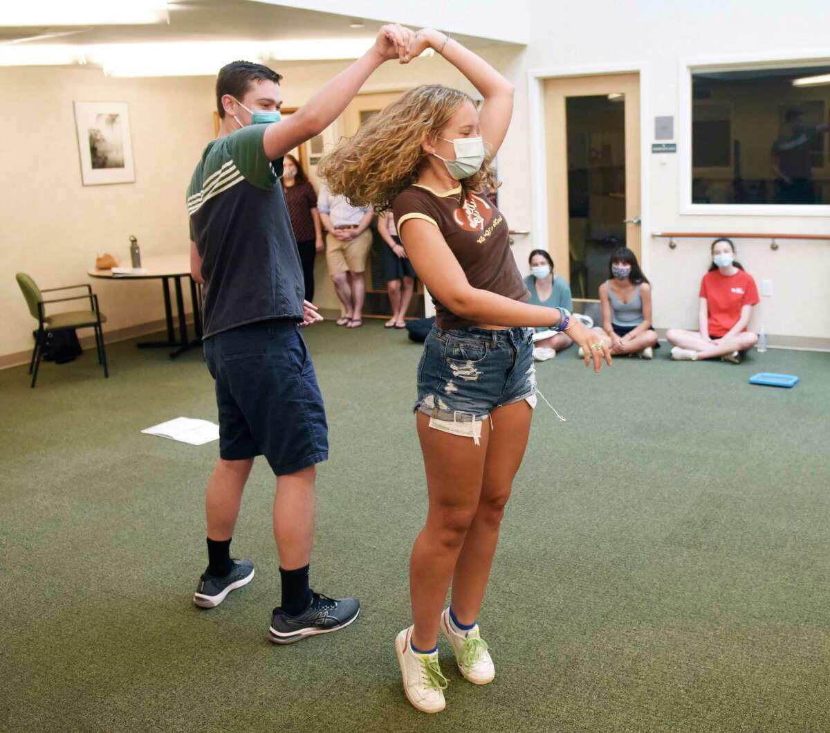 Josh Winston and Jordyn Libow, both 17, playing the roles of Jamie and Cathy in "The Last Five Years," rehearse choreography at River House in the Cos Cob section of Greenwich, Conn. Sunday, July 11, 2021. Unlike many of the arts organizations in town, Greenwich Arts Alliance never closed during the COVID-19 pandemic. The nonprofit, which uses therapeutic arts programs to educate students and seniors, began rehearsal in person again during the first week in June and plans to host two upcoming shows in mid-and-late July.